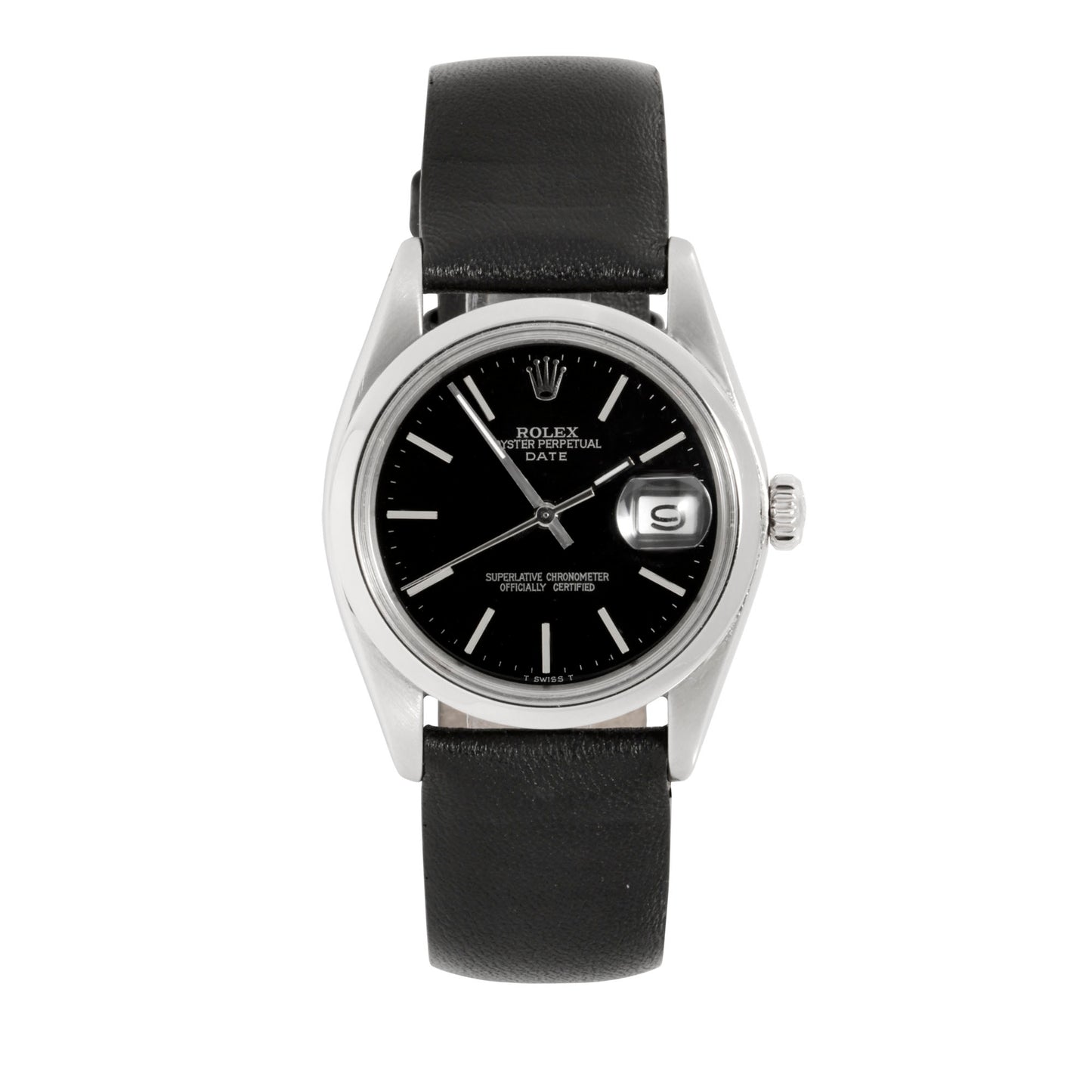 Rolex unisex 34mm Date black stick Smooth steel On Black Leather