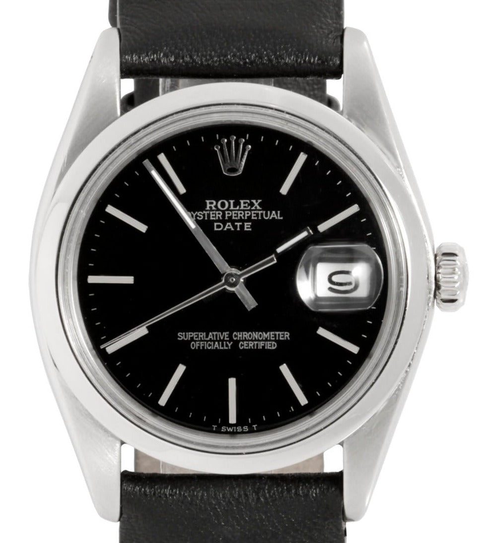 Rolex unisex 34mm Date black stick Smooth steel On Black Leather