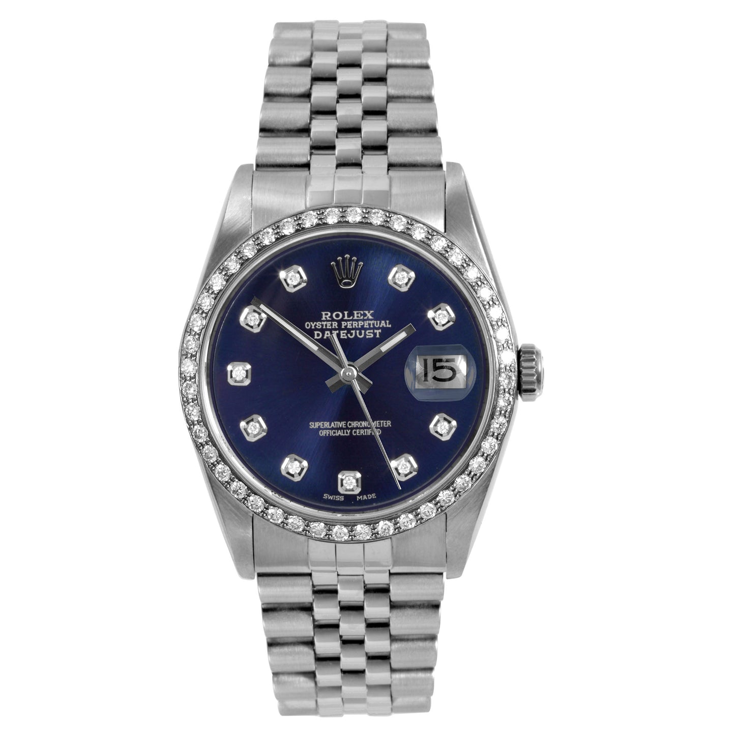 Rolex Mens 36mm Datejust 16014 Blue Diamond steel Jubilee