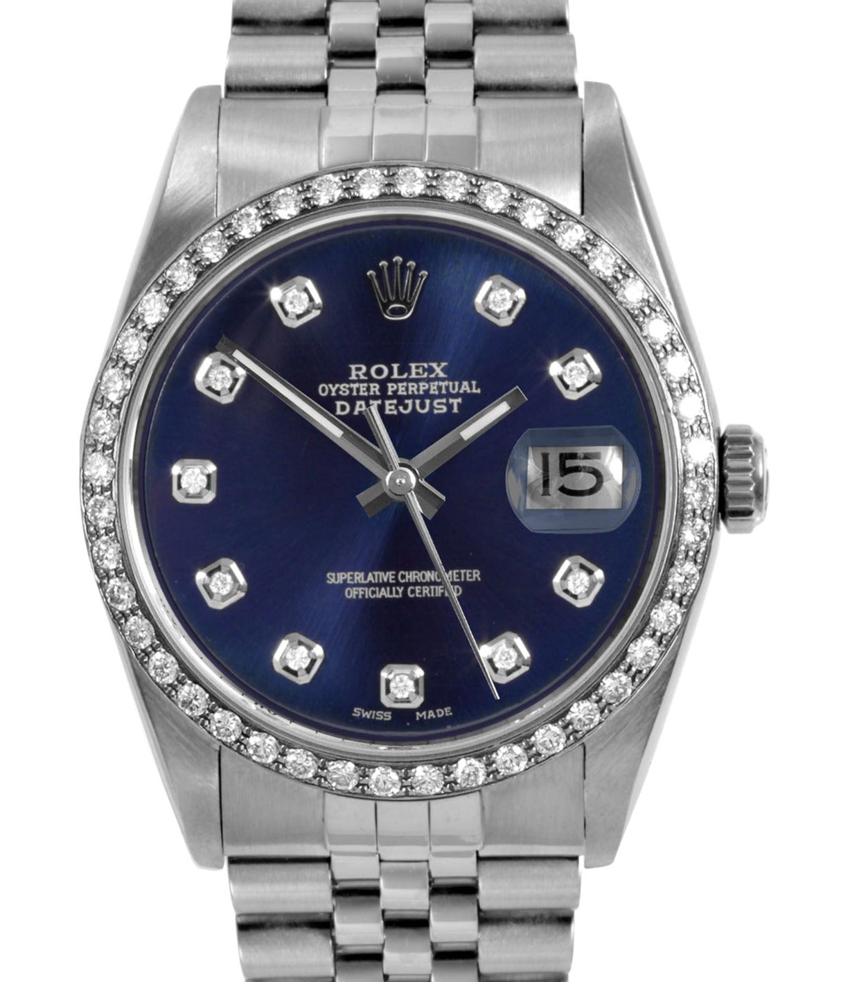 Rolex Mens 36mm Datejust 16014 Blue Diamond steel Jubilee