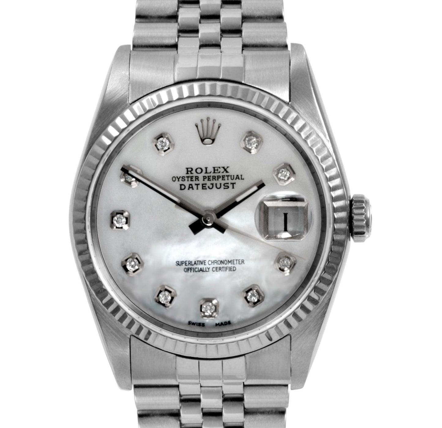 Rolex Mens 36mm Datejust 16030 MOP diamond fluted jubilee