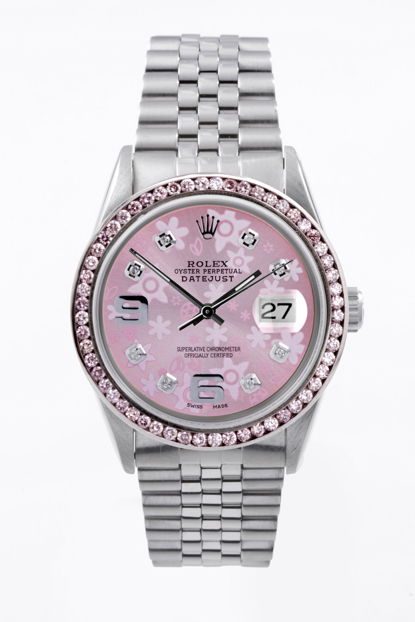 Rolex unisex 36mm Datejust 16014 Pink Floral Rose Steel Jubilee