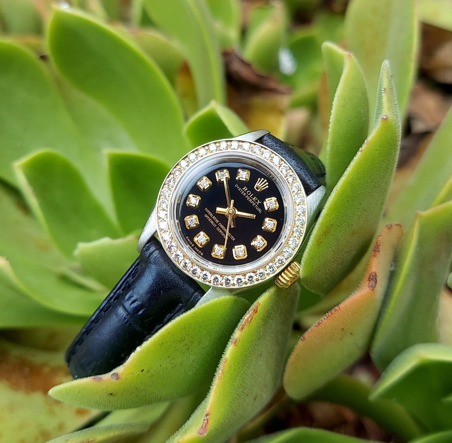Rolex ladies 26mm Oyster 6724 Black Diamond two-tone On Black Leather