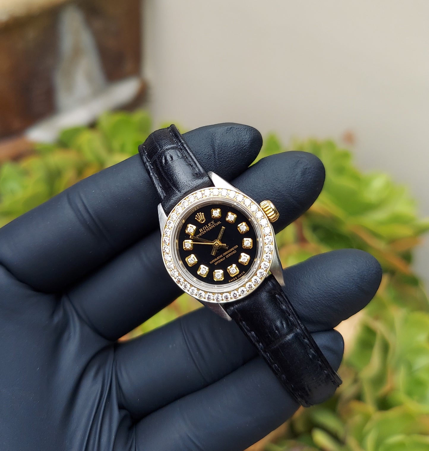 Rolex ladies 26mm Oyster 6724 Black Diamond two-tone On Black Leather