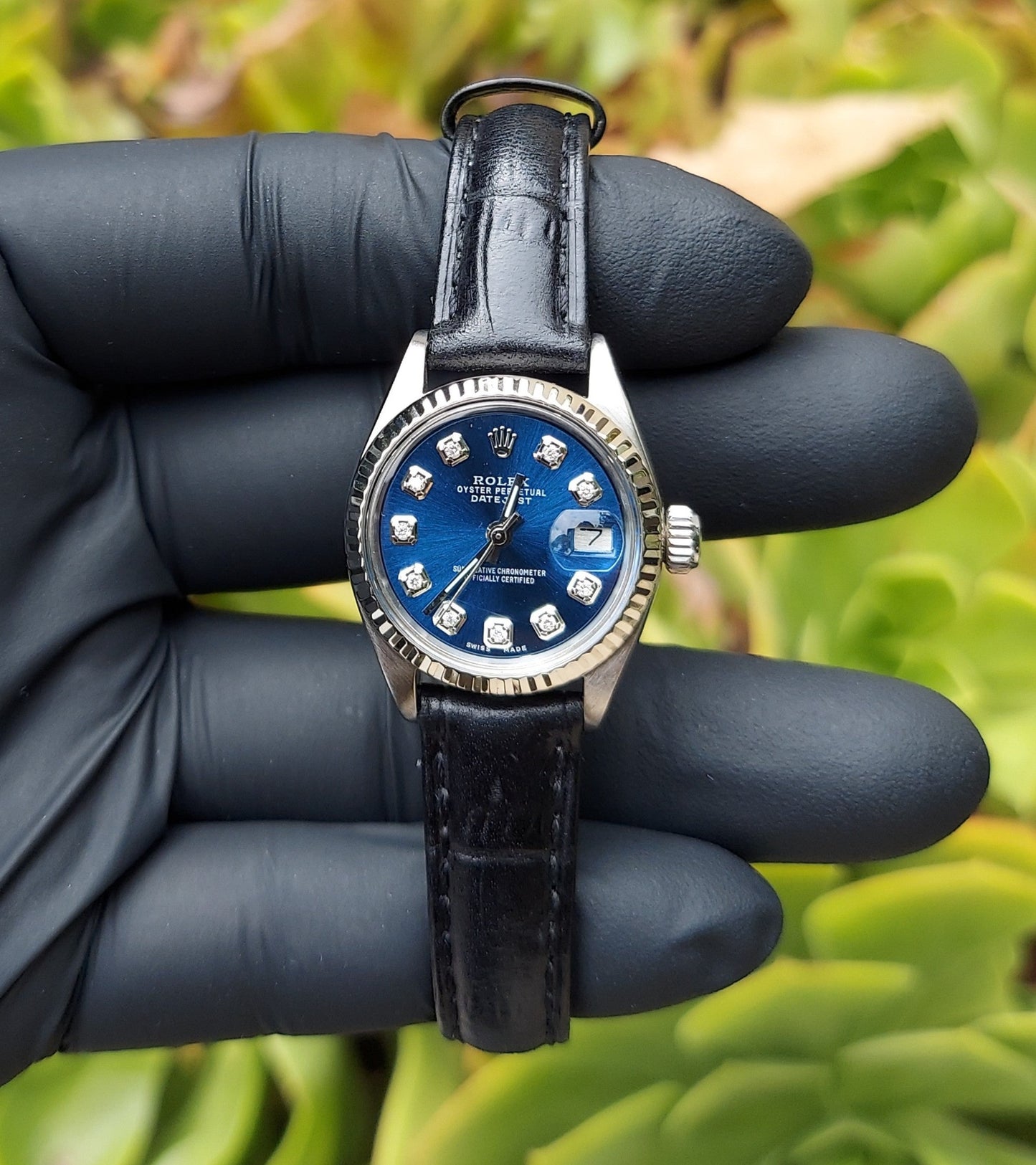 Rolex ladies 26mm Datejust 6919 Blue Diamond fluted On Black Leather