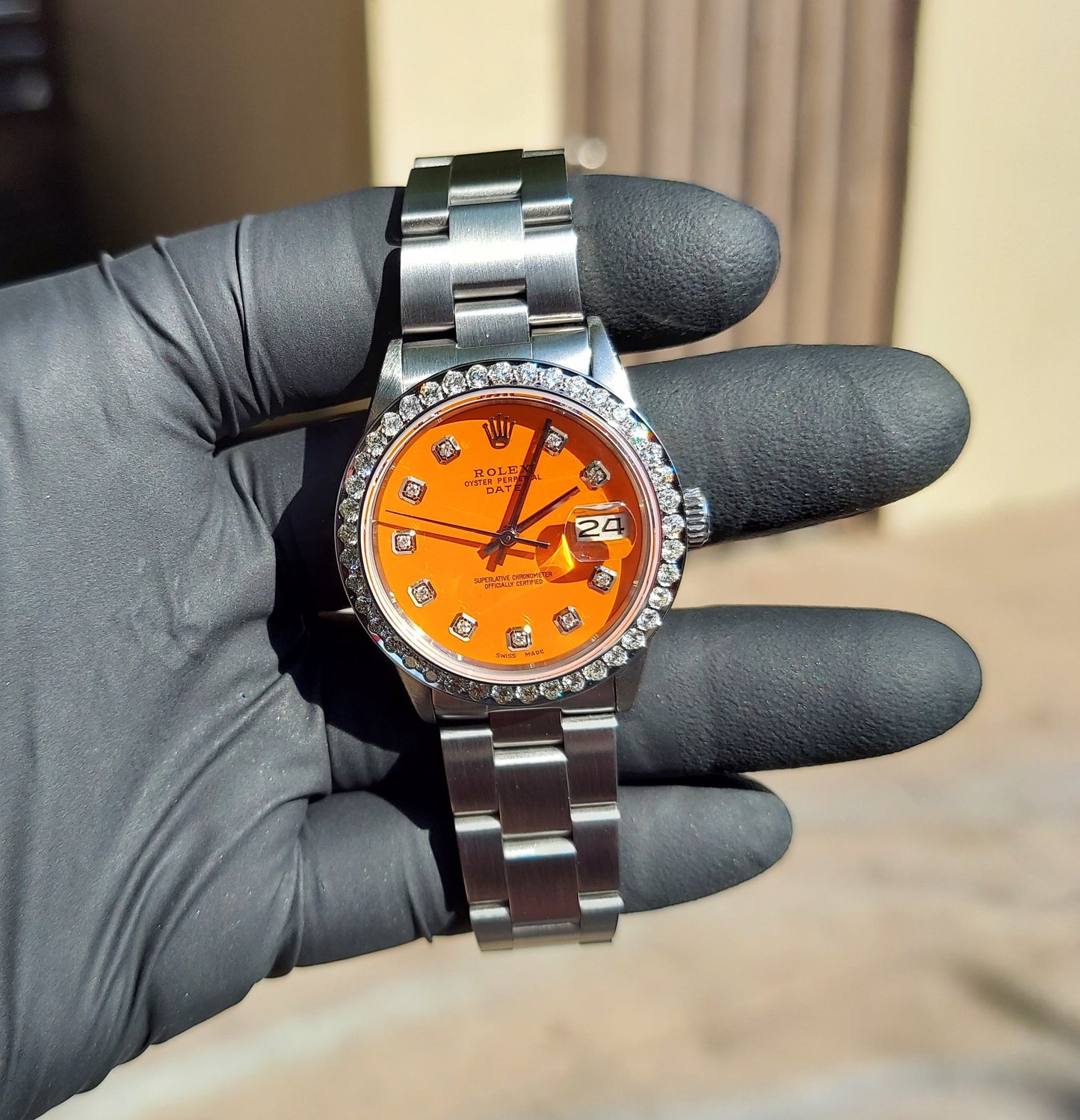 Rolex Unisex 34mm Date Matt Orange Diamond Oyster steel