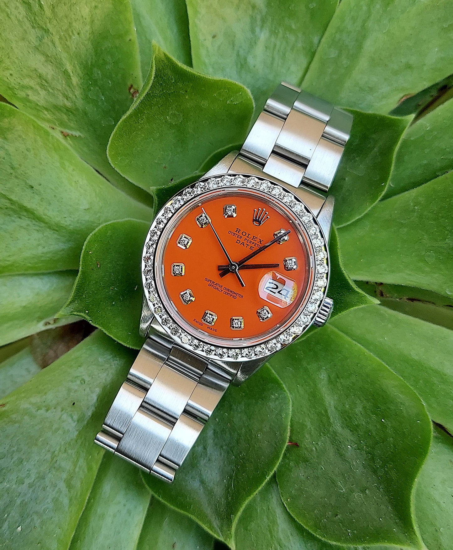 Rolex Unisex 34mm Date Matt Orange Diamond Oyster steel