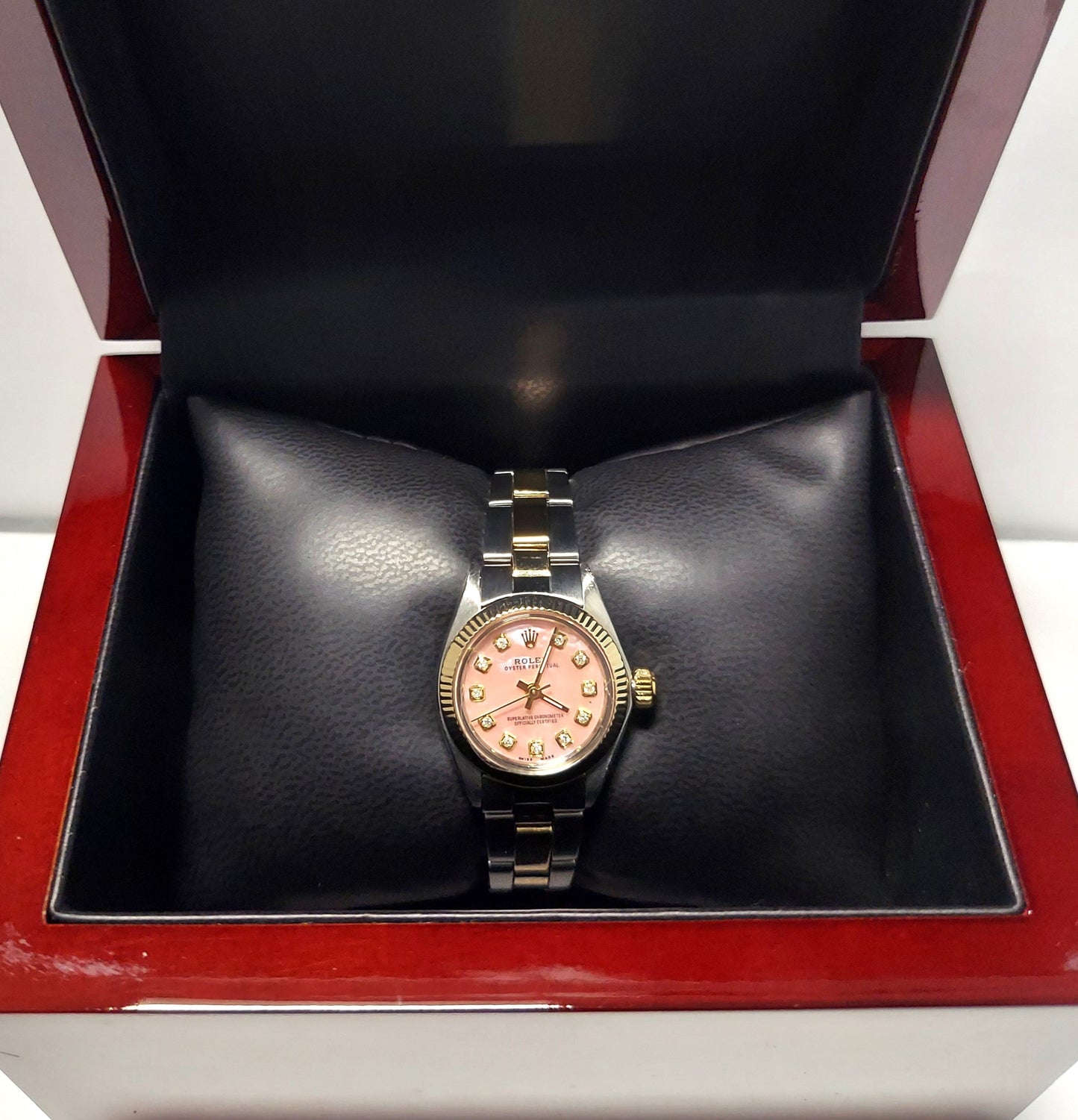 Rolex Ladies 25mm Oyster Perpetual 6719 Pink MOP Diamond fluted two-tone