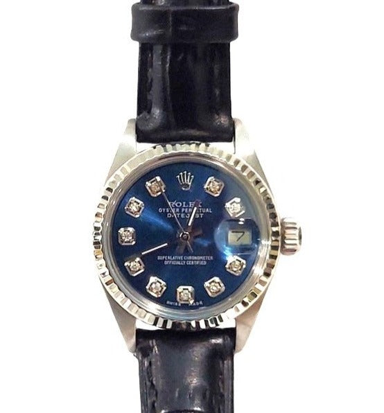 Rolex ladies 26mm Datejust 6919 Blue Diamond fluted On Black Leather