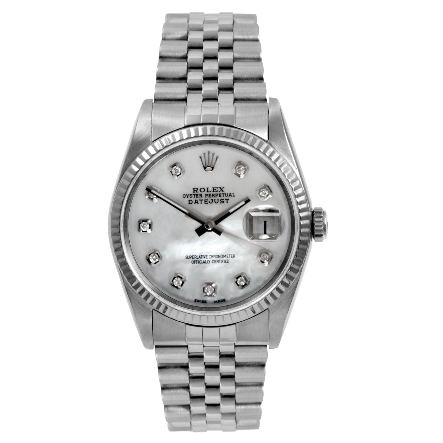 Rolex Mens 36mm Datejust 16030 MOP diamond fluted jubilee