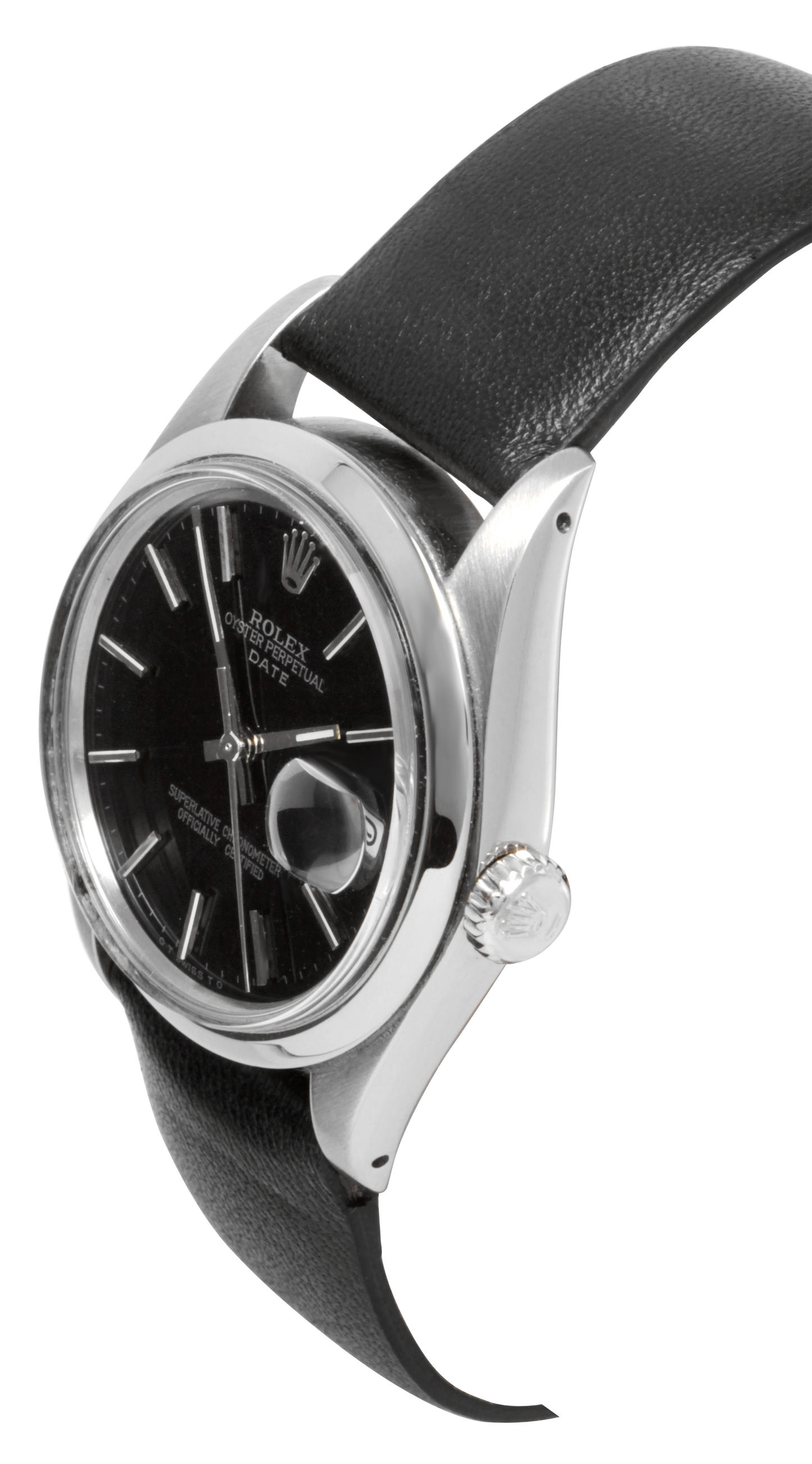 Rolex unisex 34mm Date black stick Smooth steel On Black Leather