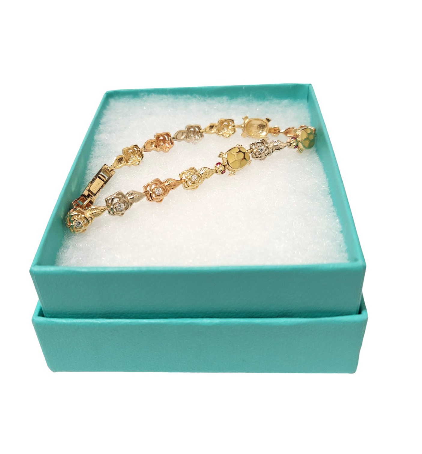 14K Ladies Yellow gold Turtle & Flower Tri-Tone Diamond Bracelet