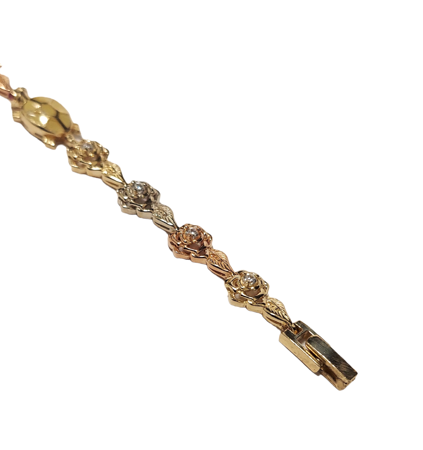 14K Ladies Yellow gold Turtle & Flower Tri-Tone Diamond Bracelet