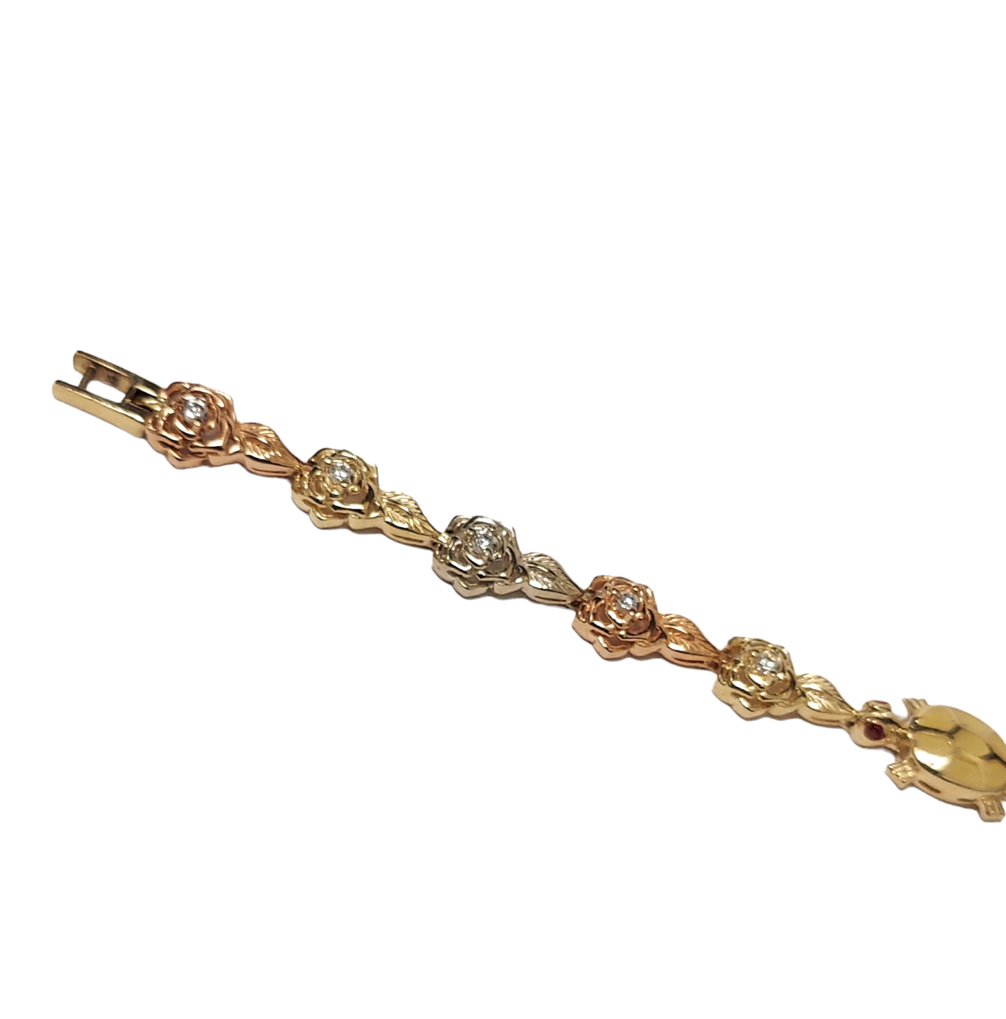 14K Ladies Yellow gold Turtle & Flower Tri-Tone Diamond Bracelet
