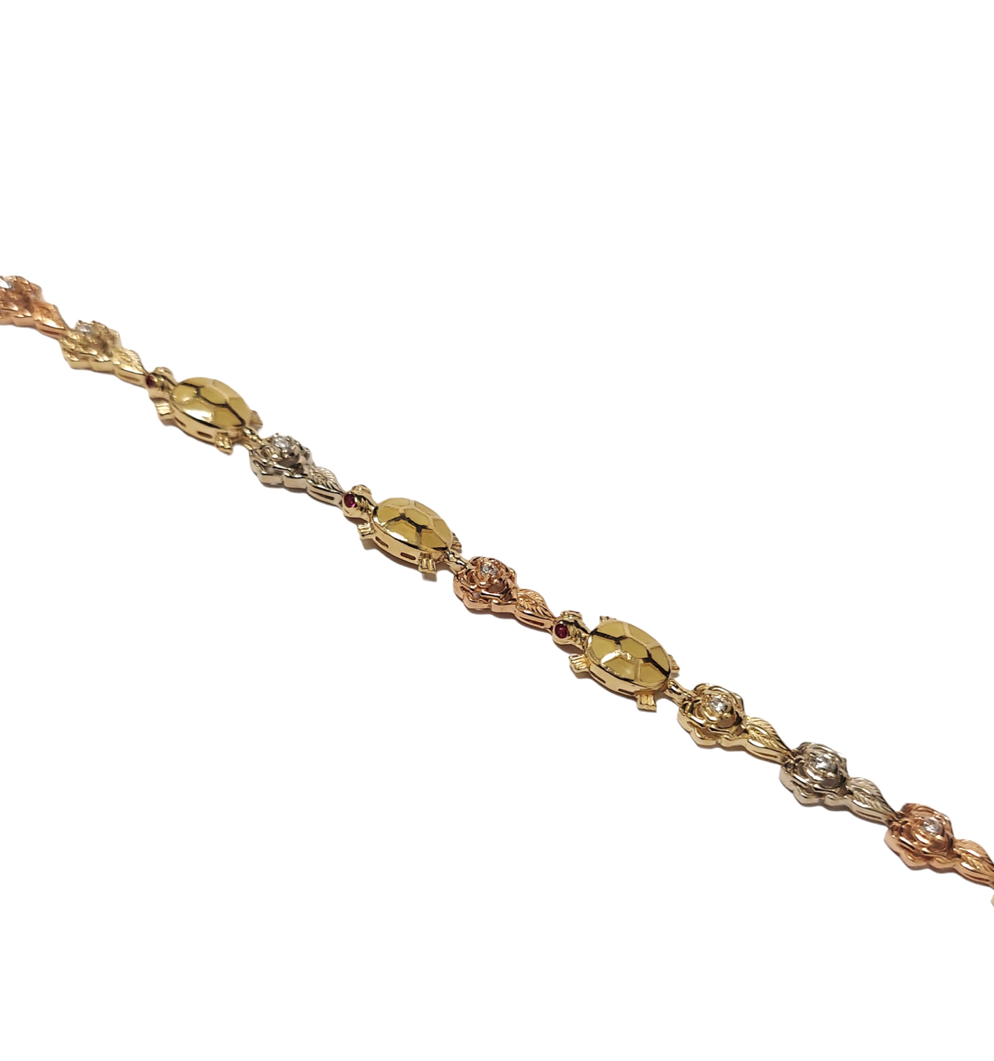 14K Ladies Yellow gold Turtle & Flower Tri-Tone Diamond Bracelet
