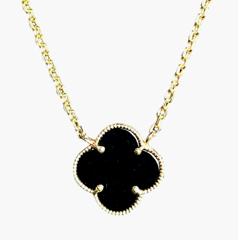 14k Yellow Gold Ladies Clover onyx pendant necklace