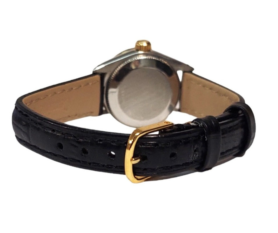 Rolex ladies 26mm Oyster 6724 Black Diamond two-tone On Black Leather
