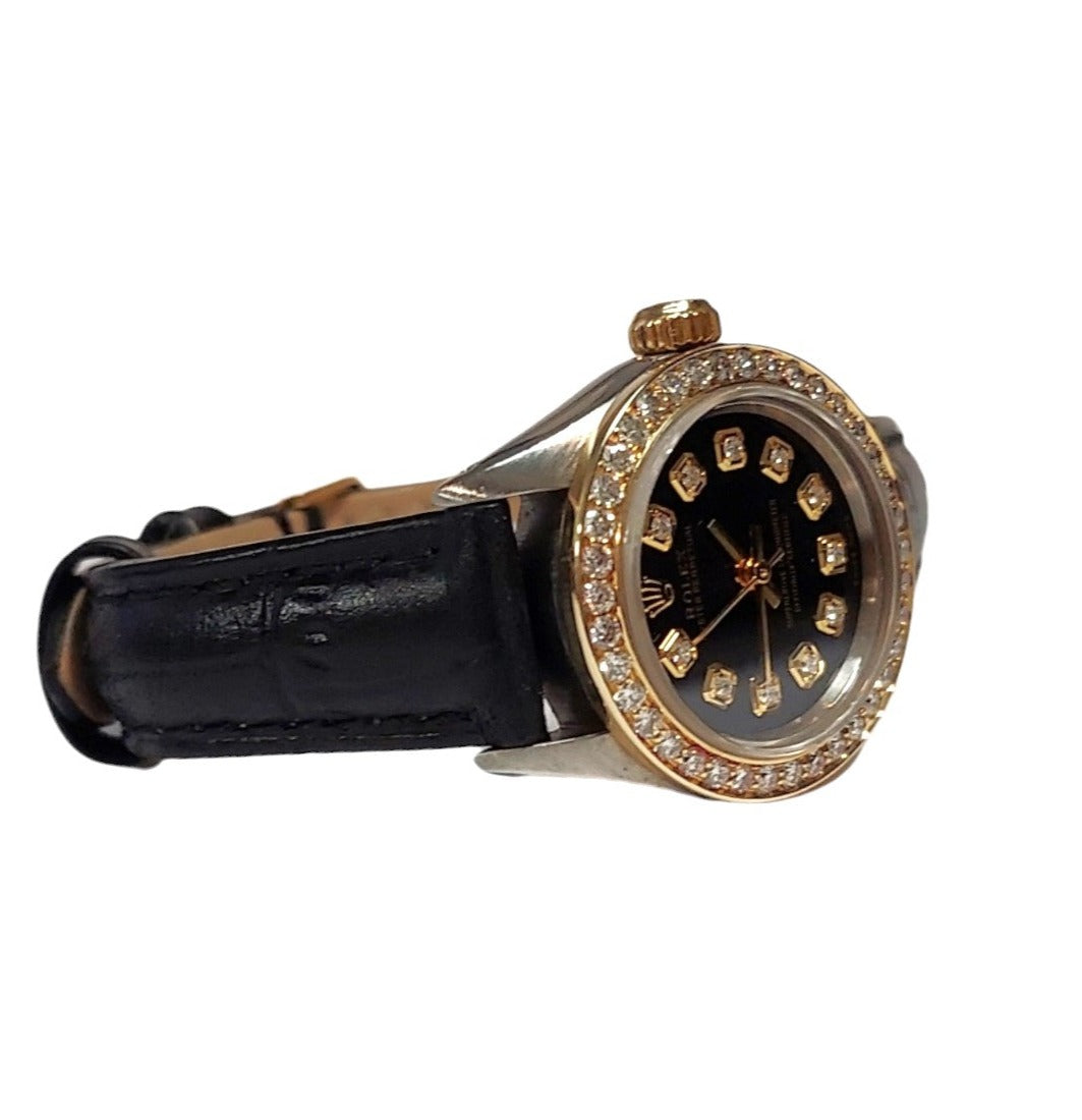 Rolex ladies 26mm Oyster 6724 Black Diamond two-tone On Black Leather