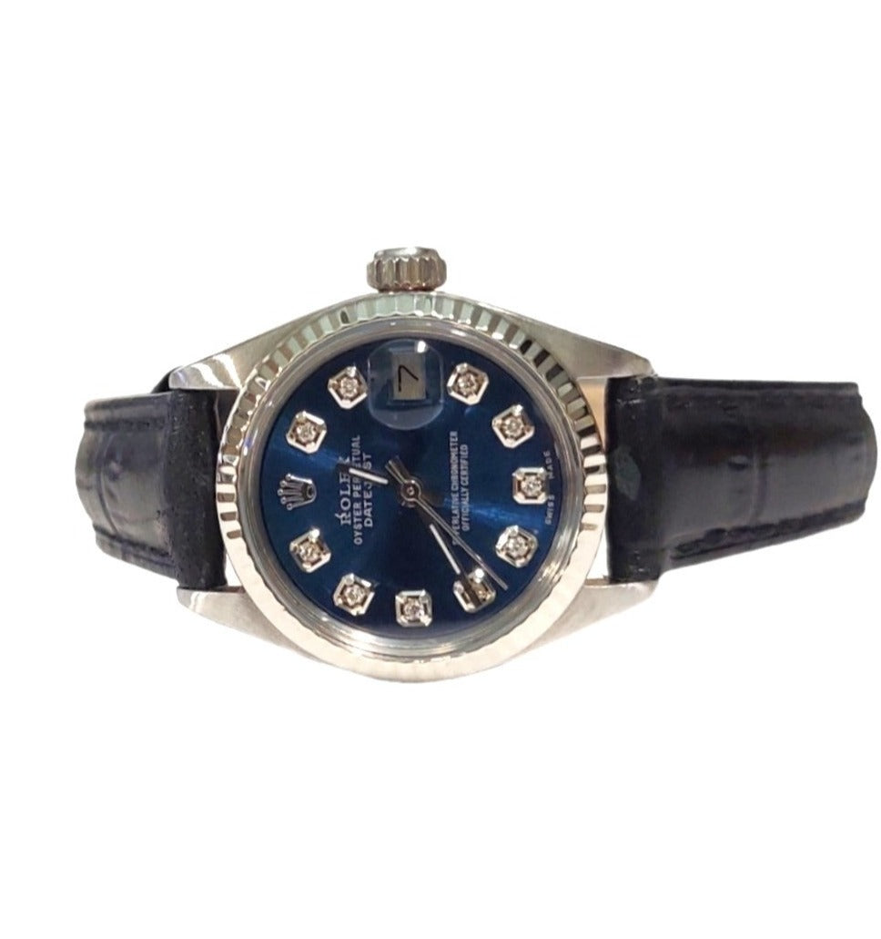 Rolex ladies 26mm Datejust 6919 Blue Diamond fluted On Black Leather