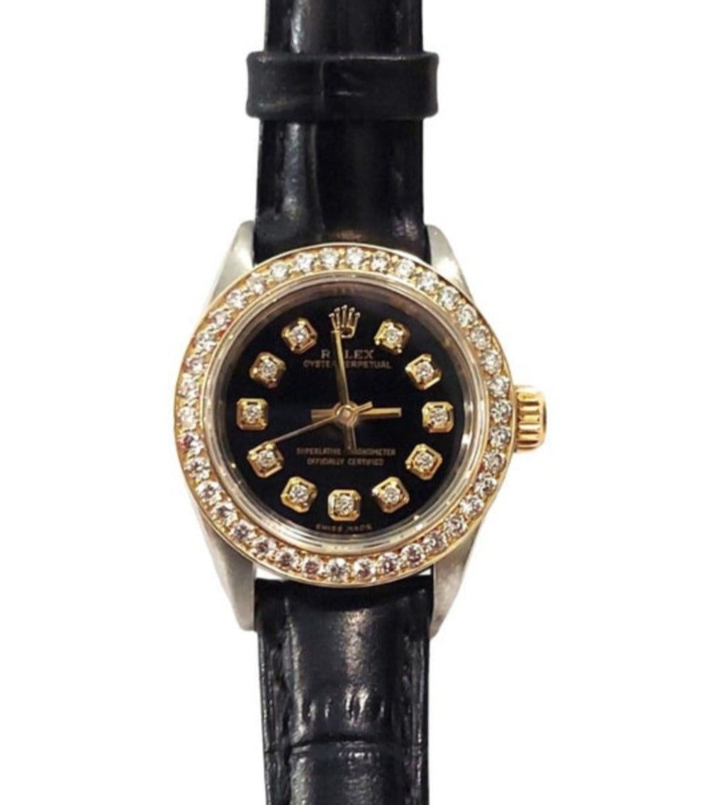 Rolex ladies 26mm Oyster 6724 Black Diamond two-tone On Black Leather