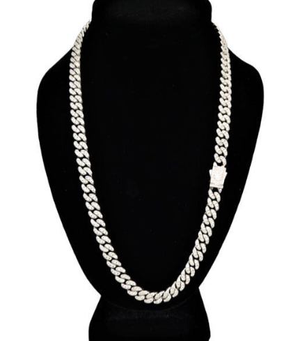925 Unisex Silver ZC Stone White gold coated Cuban Link Necklace