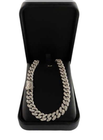 925 Unisex Silver ZC Stone White gold coated Cuban Link Necklace