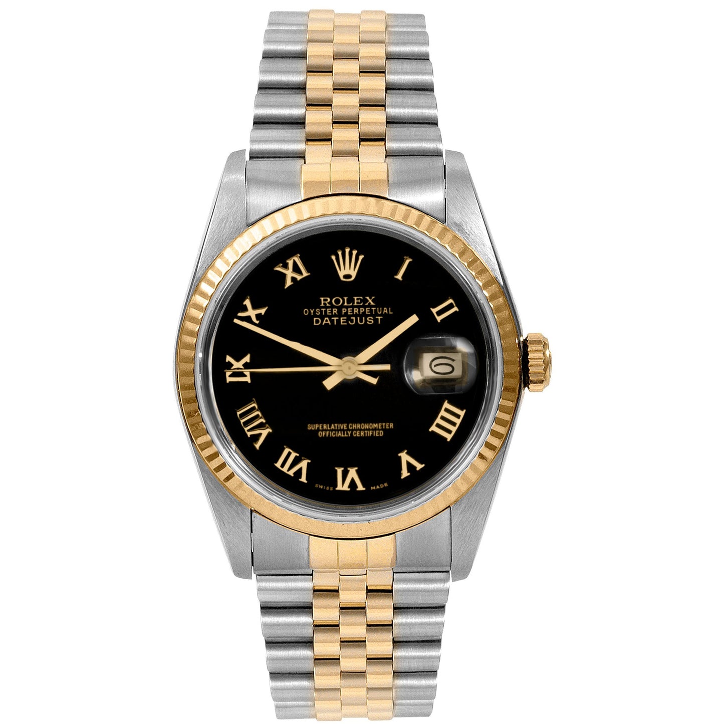 Rolex 36mm Datejust 16233 Black Roman Numeral Fluted Jubilee