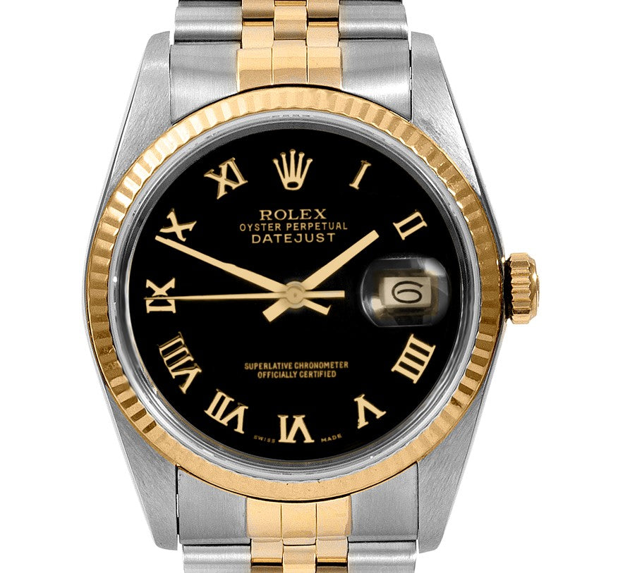 Rolex 36mm Datejust 16233 Black Roman Numeral Fluted Jubilee