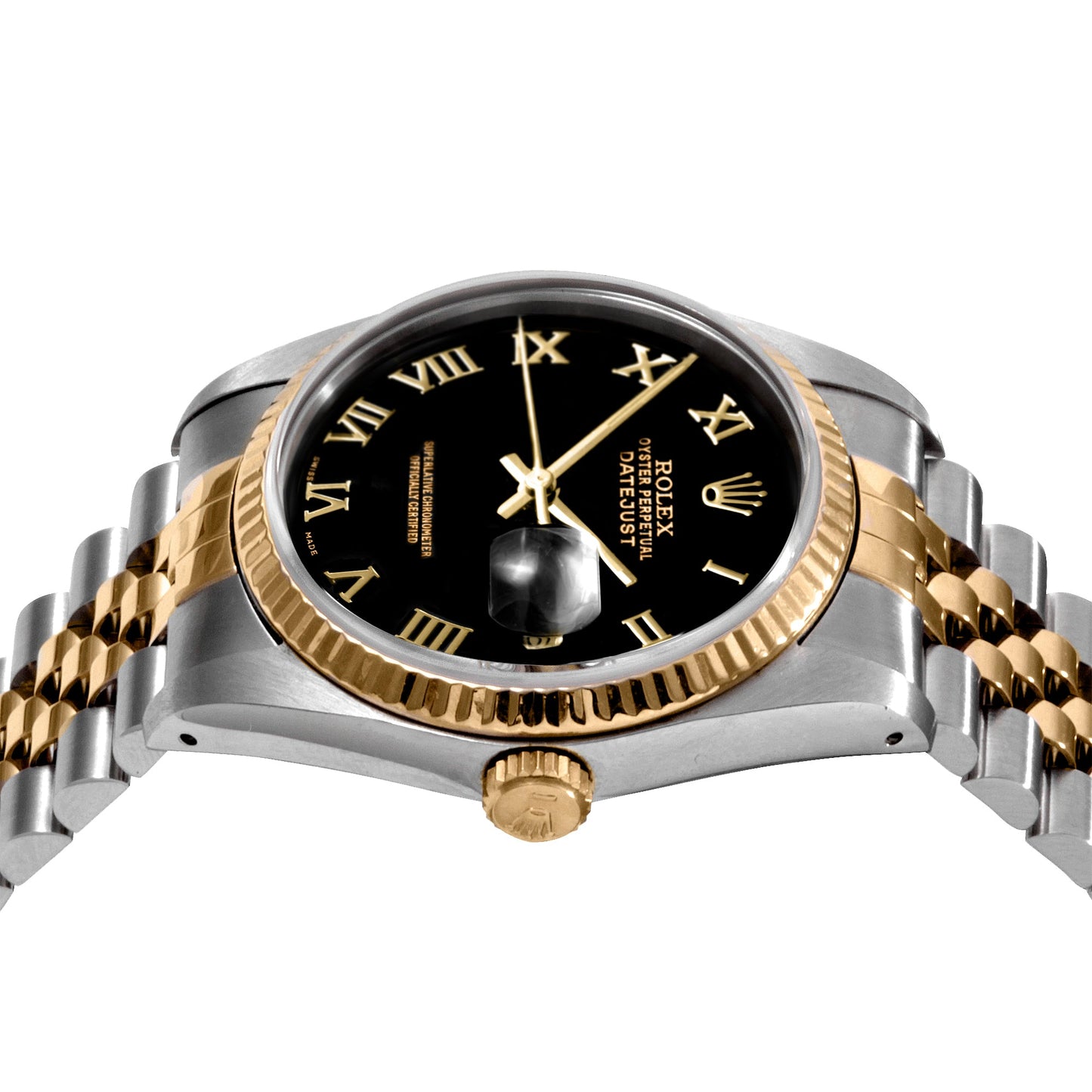 Rolex 36mm Datejust 16233 Black Roman Numeral Fluted Jubilee