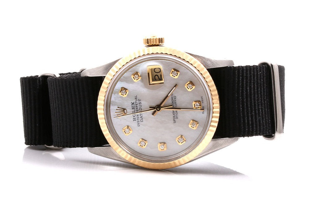Rolex 36mm Datejust 1603 MOP two tone Diamond on Black strap