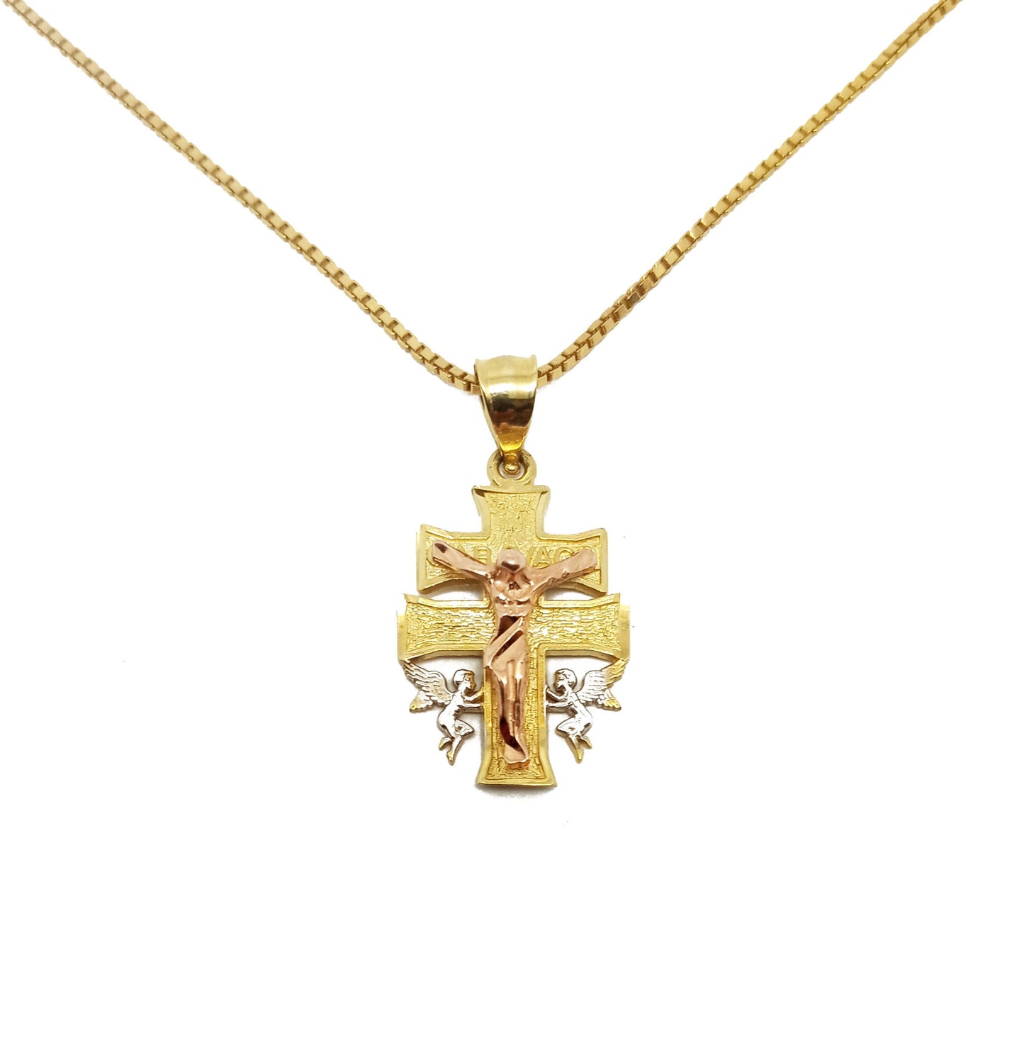 14K Yellow Gold Tri-Tone Jesus Cross Pendant