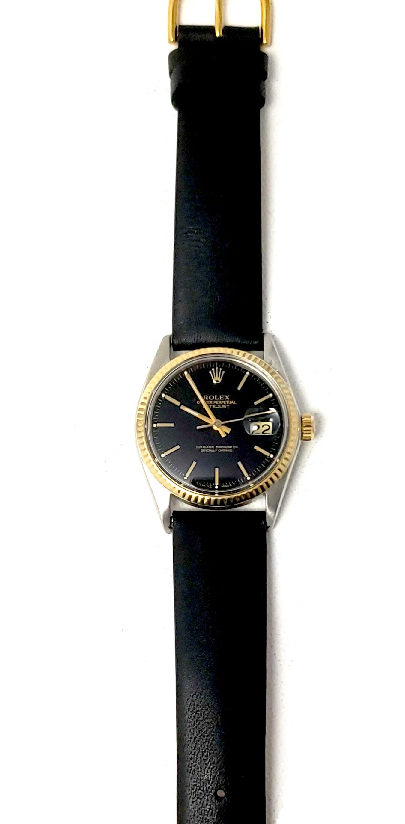 rolex mens datejust (T-T) 16013 fluted gold beze andl yellow stick dial on black leather - Luxury Diaz