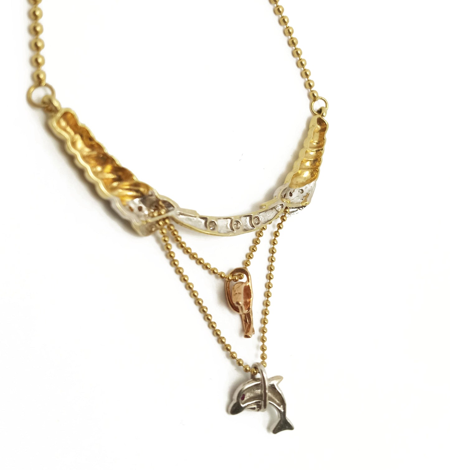14K Gold tri-tone Diamond Dolphin Necklace