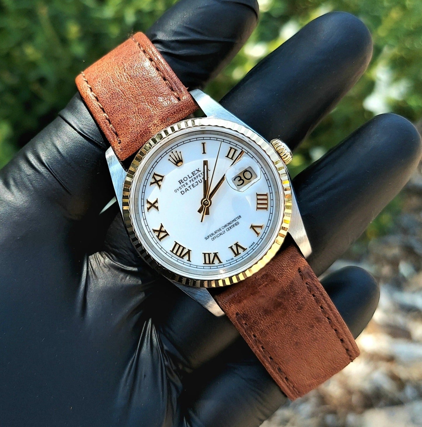 Rolex 36mm Datejust 16233 Roman On Brown Leather