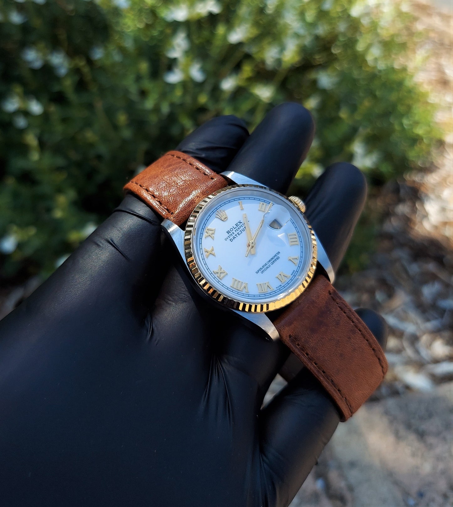 Rolex 36mm Datejust 16233 Roman On Brown Leather