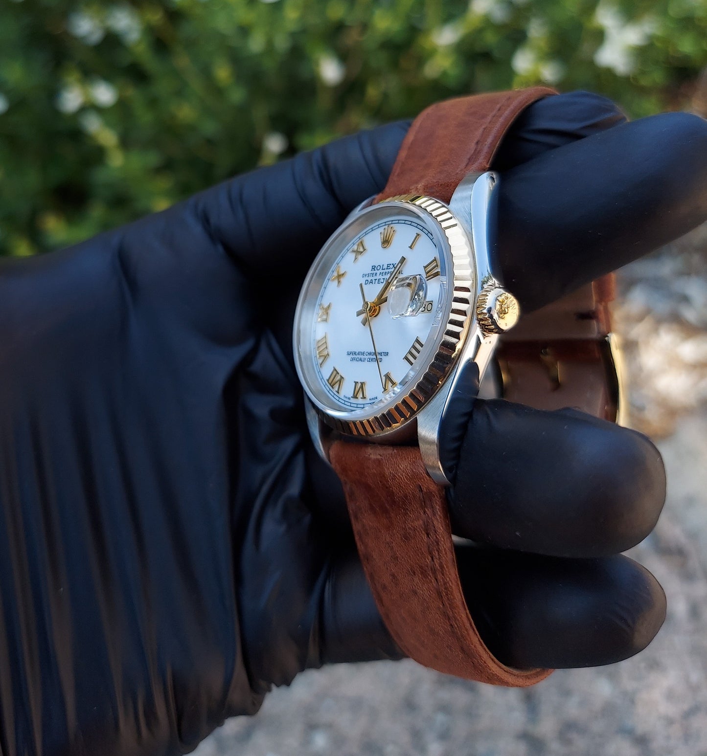 Rolex 36mm Datejust 16233 Roman On Brown Leather