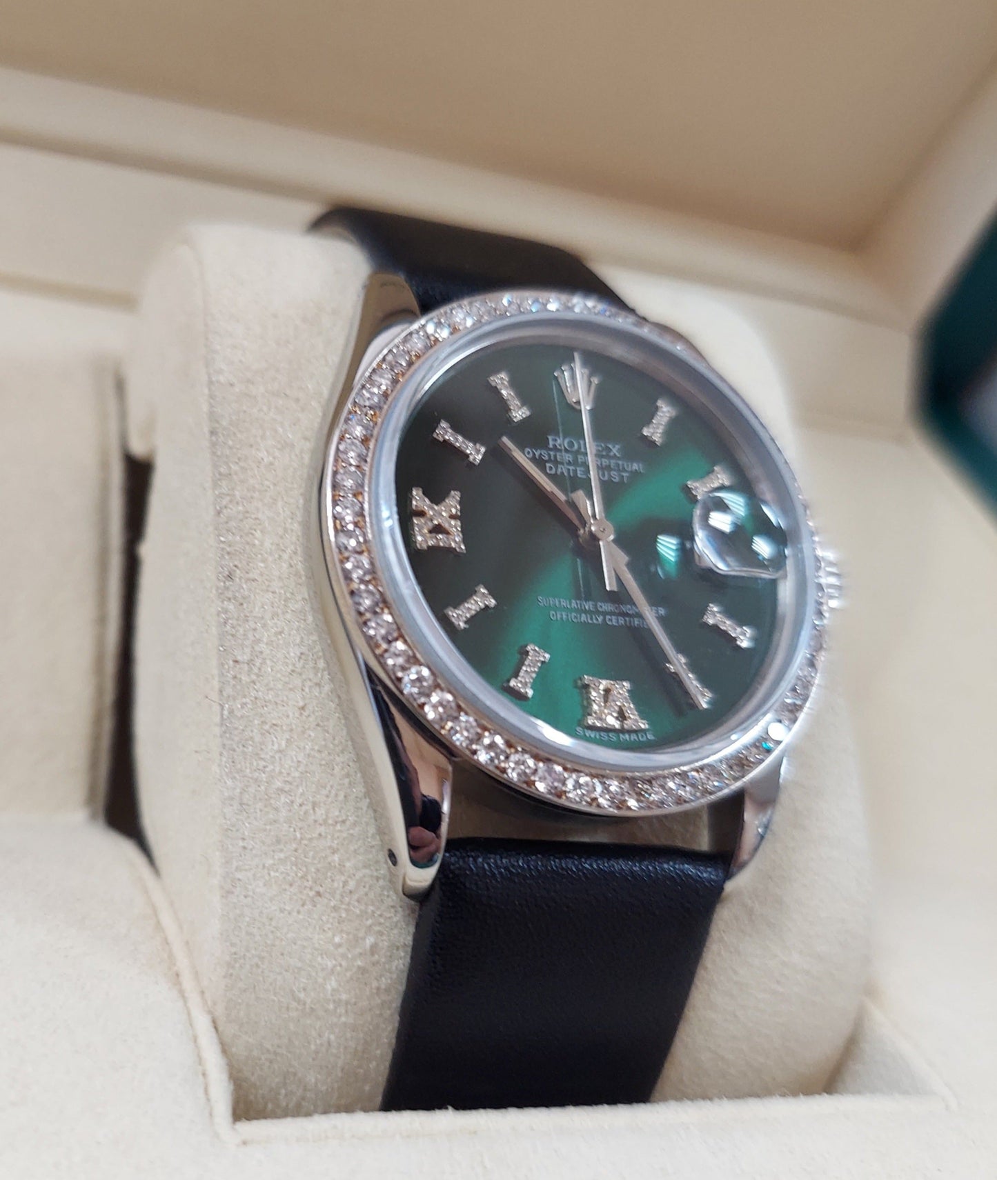 Rolex 36mm Steel Diamond Green Roman Datejust On Leather