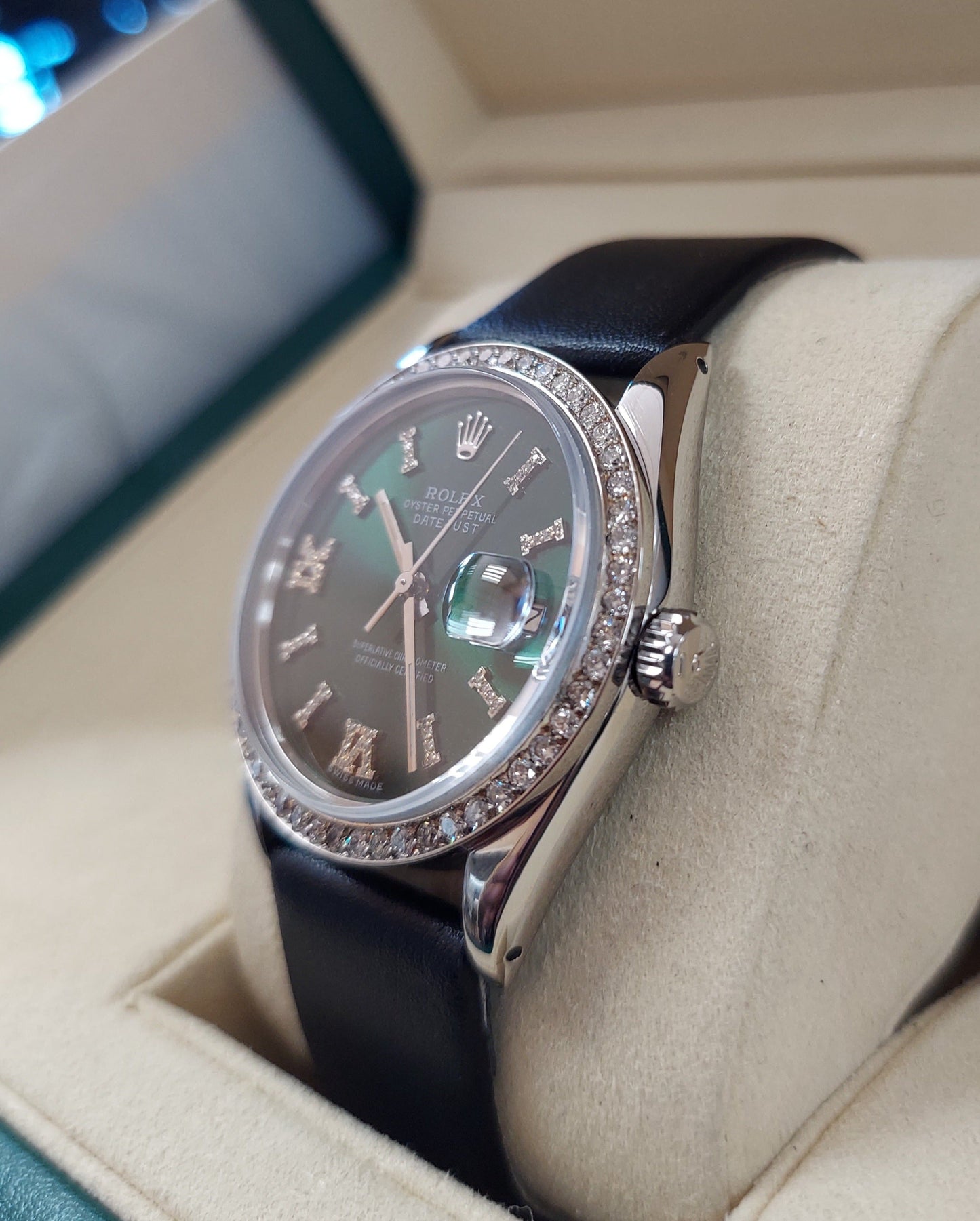 Rolex 36mm Steel Diamond Green Roman Datejust On Leather