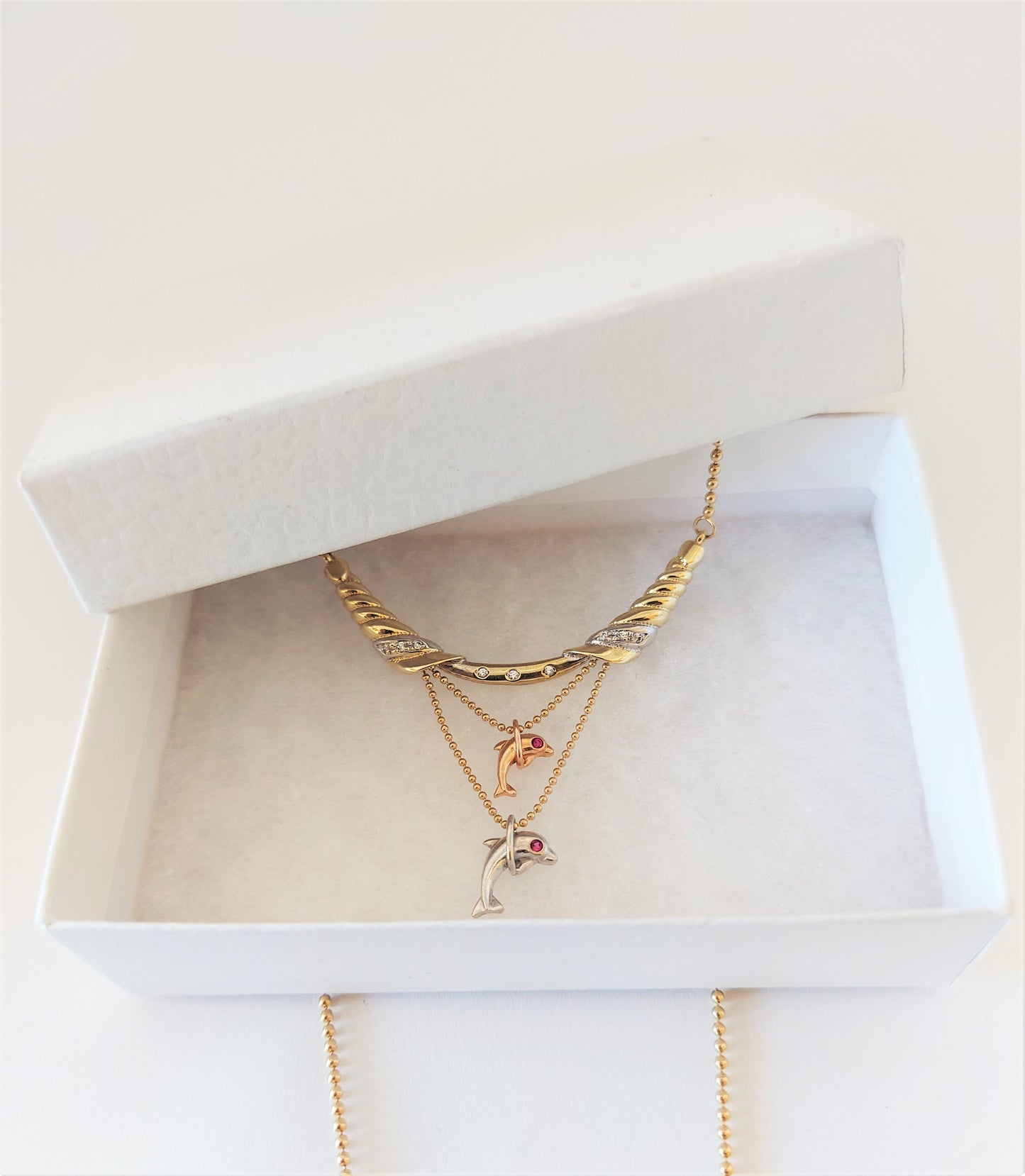 14K Gold tri-tone Diamond Dolphin Necklace