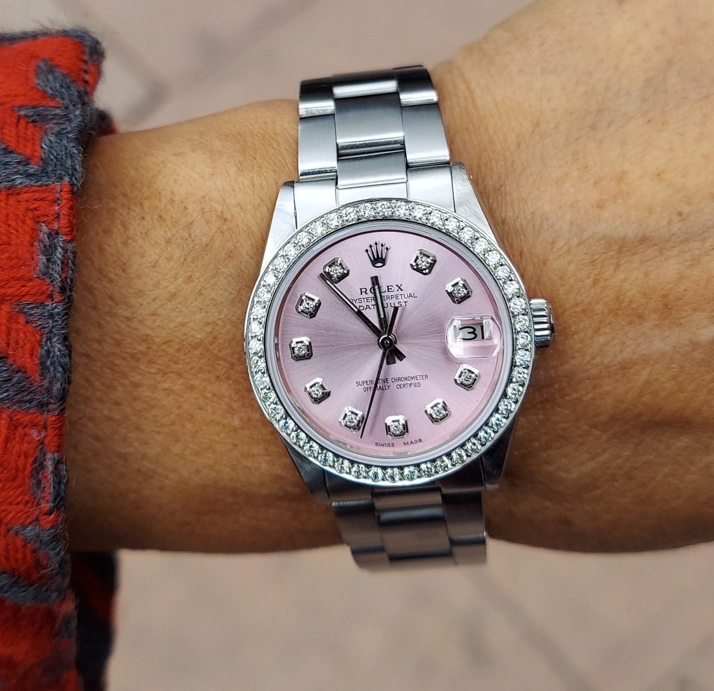 Rolex Ladies 31mm Datejust 6824 Pink Diamond Oyster Steel