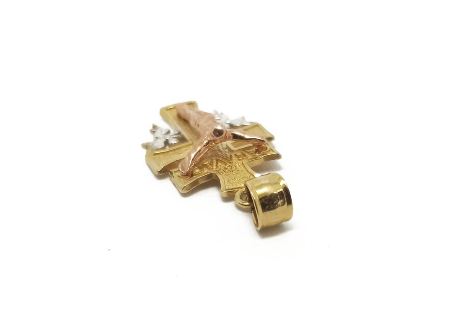 14K Yellow Gold Tri-Tone Jesus Cross Pendant