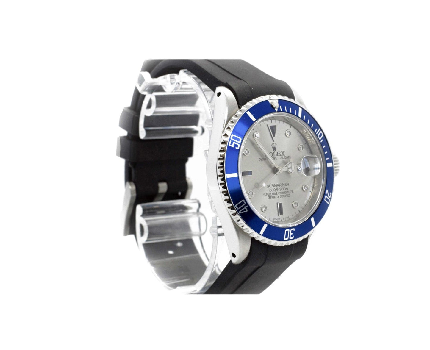 Rolex Mens 40mm Submariner Silver Serti Diamond On Rubber