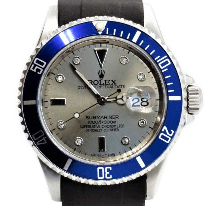 Rolex Mens 40mm Submariner Silver Serti Diamond On Rubber
