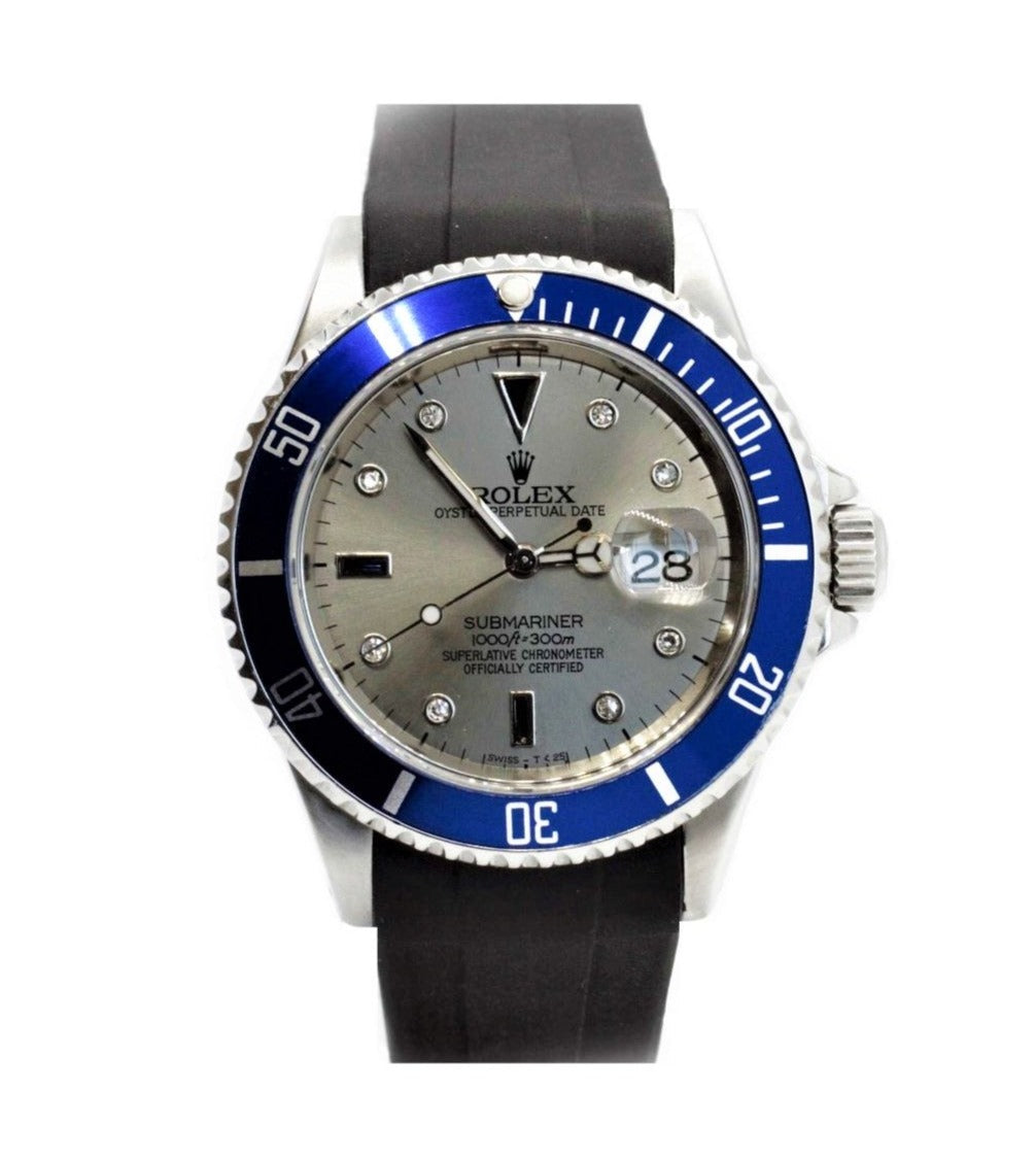 Rolex Mens 40mm Submariner Silver Serti Diamond On Rubber