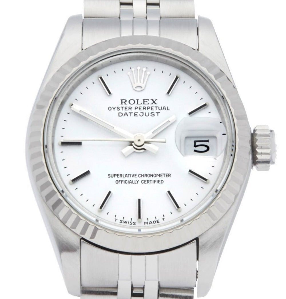 Rolex ladies datejust 69174 (s-s) white stick dial, white gold fluted jubilee - Luxury Diaz