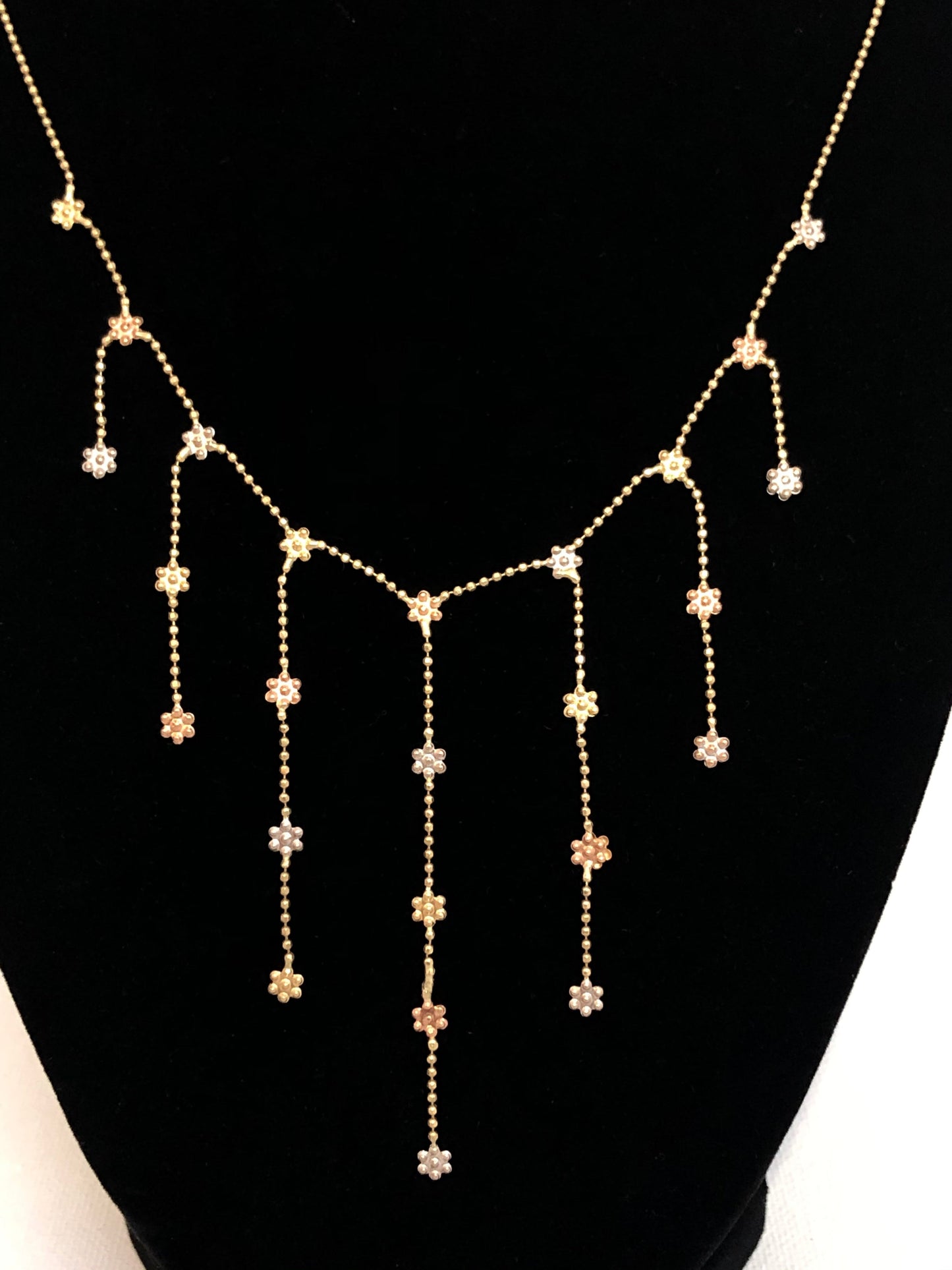 Ladies 14k yellow ball drop 3 tone necklace - Luxury Diaz