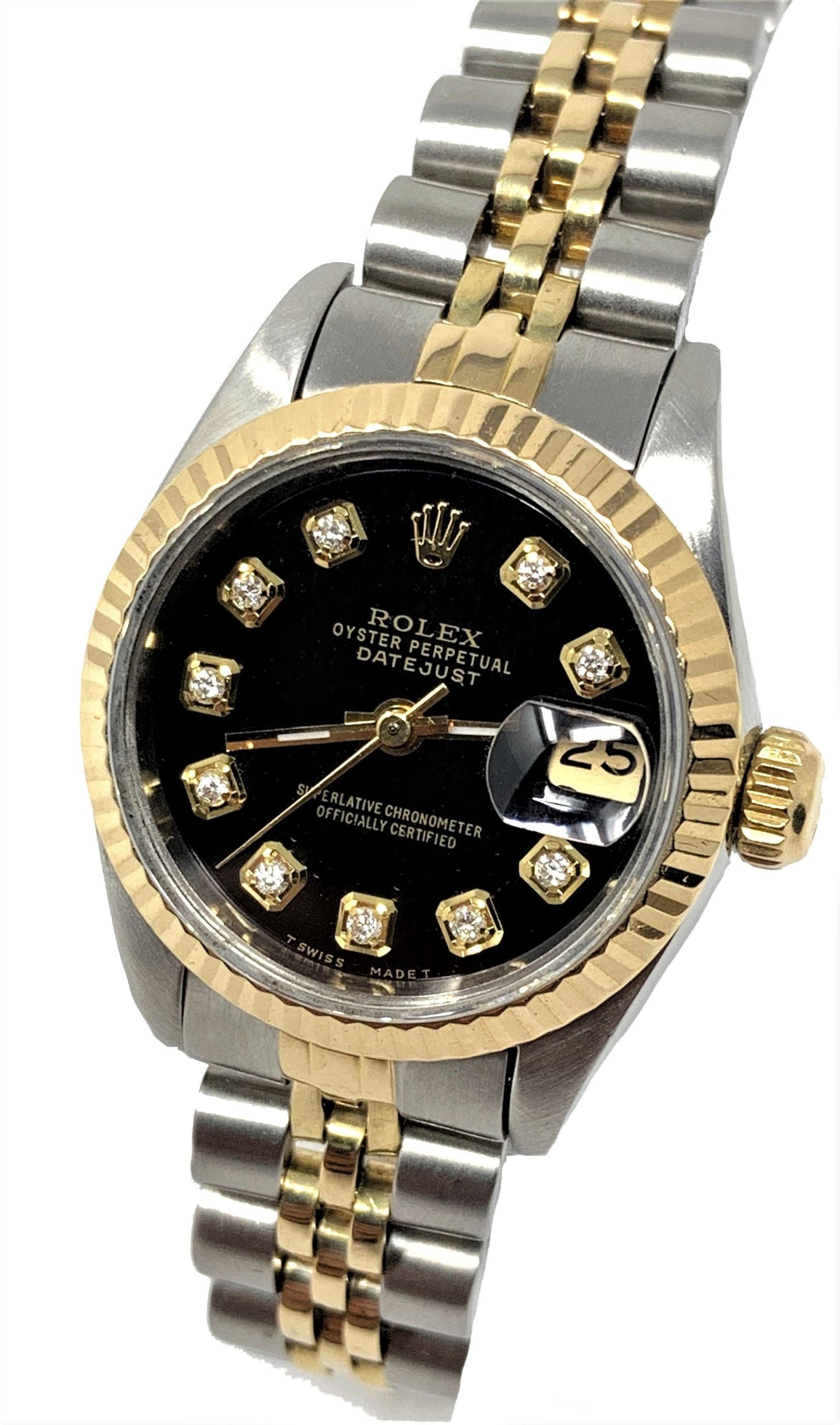 Rolex ladies datejust 69173 (T.T) yellow gold fluted bezel & black diamond dial - Luxury Diaz