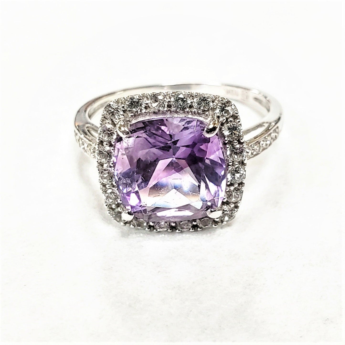 Ladies 14k white gold cushion amethyst & diamond ring - Luxury Diaz
