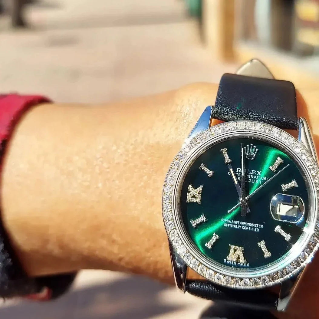 Rolex 36mm Steel Diamond Green Roman Datejust On Leather
