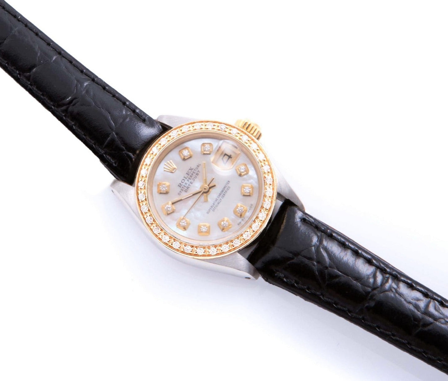 Rolex 26mm Datejust 6917 MOP Diamond On Black Leather
